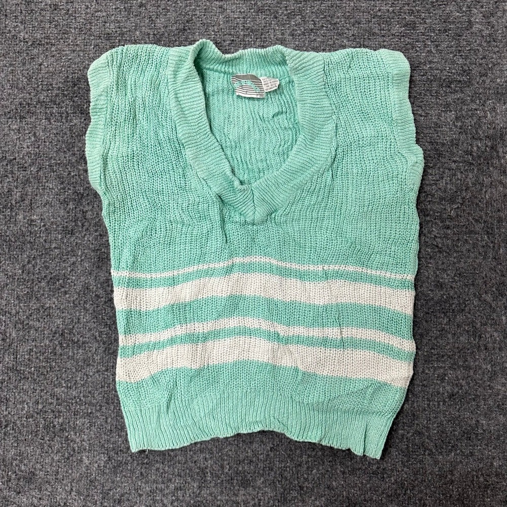 Cherokee Sweater Vest Womens Size M Green White Striped Cotton Ramie V-Neck Knit